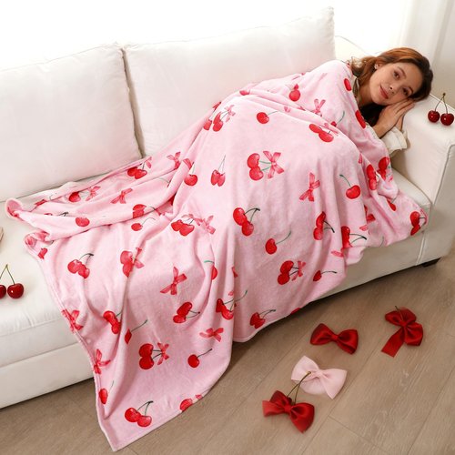 Yetene Pink Cherry Bow Party Favor Include Glass Cup and Blanket Set Pink and Red Cherry Stuff for Women Cute Birthday Gift for Women Sister Her Home Bedroom Sofa Decor Galentines Day Favors