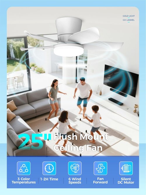 LANMEL 25 Inch White Flush Mount Ceiling Fan with Light and Remote, Low Profile Modern Ceiling Fan, 6 Speed, Reversible, 3000k-6500k Dimmable LED, Quiet DC Motor for Indoor Outdoor