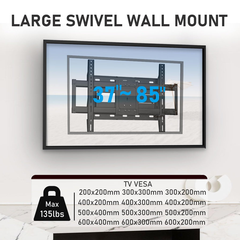 WNJQBY Full Motion TV Wall Mount - 37-85'' Flat/Curved TVs, Swivel Articulating Arms, Max VESA 600x400mm, Tilt Rotation, Holds up to 135 lbs