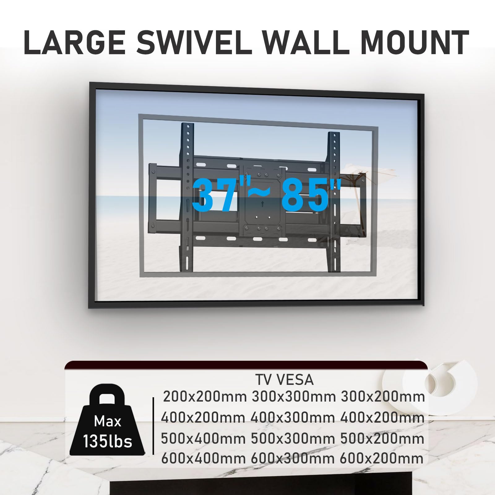 WNJQBY Full Motion TV Wall Mount - 37-85'' Flat/Curved TVs, Swivel Articulating Arms, Max VESA 600x400mm, Tilt Rotation, Holds up to 135 lbs