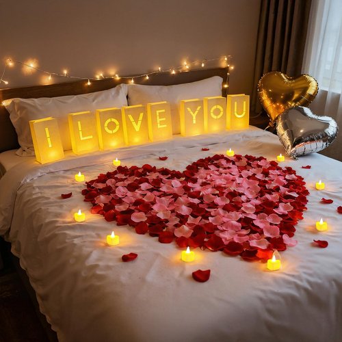 ARIKJ Valentines Day Decorations, Special Night Romantic Decorations - I Love You Light Up Letters Luminary Bags with Bright Flameless Tea Candles and Fake Rose Petals, Happy Anniversary