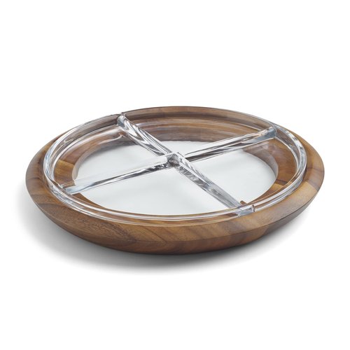 Nambé Cooper Collection Crudité Centerpiece – 13.75” Round Design with Glass Sections & Acacia Wood Base – Elegant Serveware for Fresh Snacks, Fruits & Vegetables, Perfect Table Accent for Dining