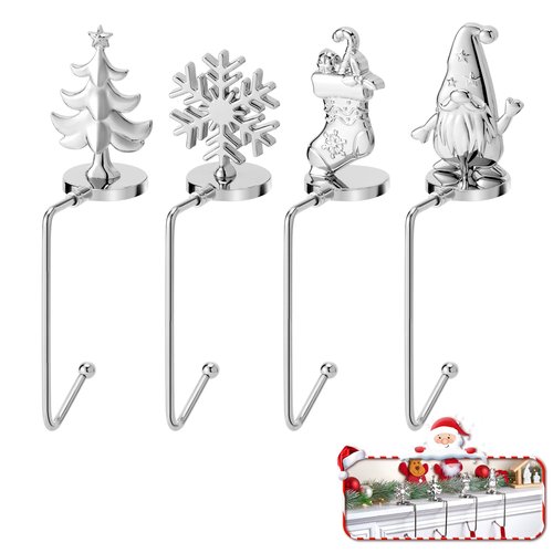 Christmas Stocking Holders for Mantel Set of 4, Non-Slip Adjustable Mantle Stocking Holders, Snowflake Snowman Reindeer Pine Tree Fireplace Stocking Hangers Set for Party Christmas Decorations