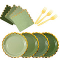 Leapig Green mix scalloped party plates with napkins and fork gold foil border, 24 Guest disposable Tableware Set Sage Green Party Decoration for Birthday Coquette Bridal Baby Shower Valentines