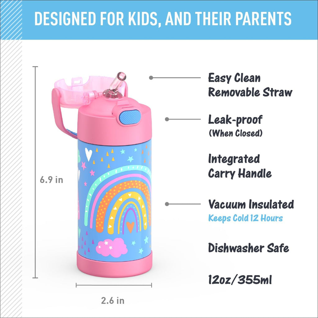 THERMOS FUNTAINER Water Bottle - 12 Ounce Kids Stainless Steel Vacuum Insulated with Straw | Rainbow Dreams