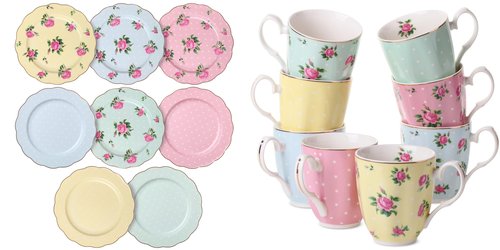 BTaT- Porcelain Floral Plates, Royal Dessert Plates, 8 inch, Set of 8 and Royal Coffee Mugs, 12 oz, Set of 8