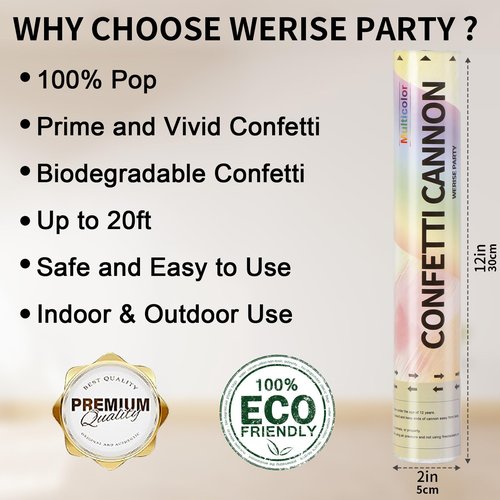 Confetti Poppers Biodegradable Confetti Cannon, 6 Pack WERISE Party Poppers Multicolor Confetti Shooters for Birthday, Wedding, Parties, Valentines Day, Easter and Graduation 12 Inch