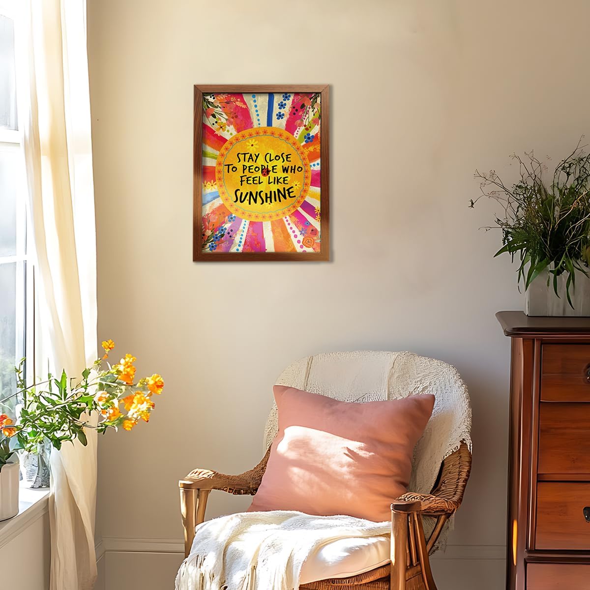 YEOION Inspirational Quote Canvas Print - Stay Close to People Who Feel Like Sunshine | Imitation Wood Frame for Girls' Bedroom Decor