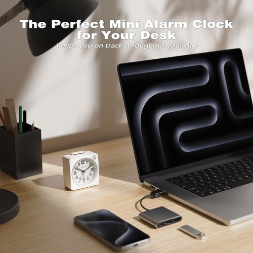 AYRELY® 2.6" × 1.4" Ultra Small Battery Operated Analog Travel Alarm Clock, Silent Non-Ticking with Snooze and Light, Retro Bedside Table Clock for Bedroom, Easy Top Alarm Switch (White)