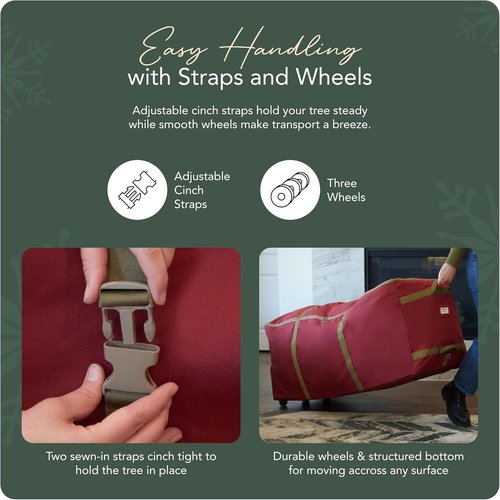 Covermates Keepsakes Christmas Tree Storage Bag - Heavy-Duty Rolling Design with Wheels & Reinforced Handles - Durable Red Polyester