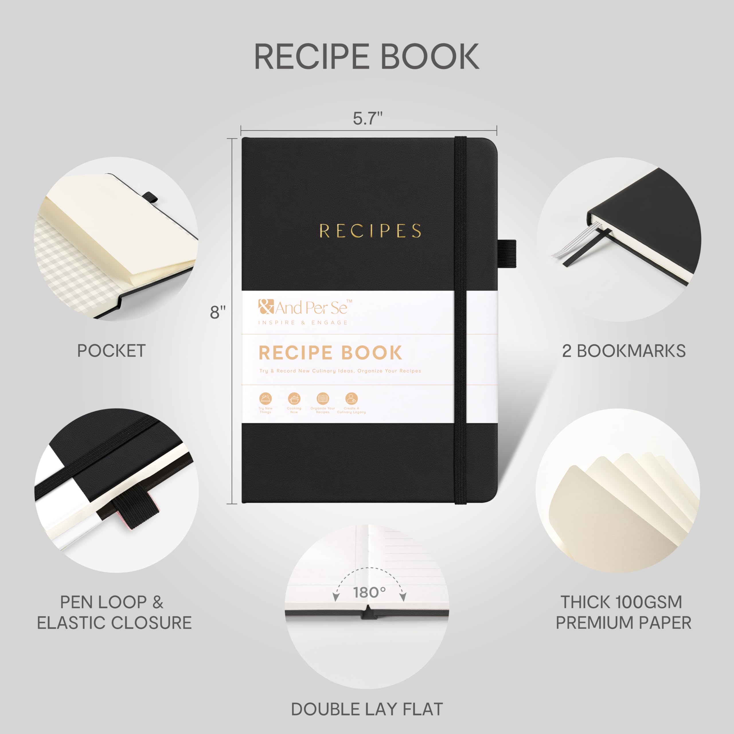 &And Per Se Recipe Book to Write in Your Own Recipes, Blank Recipe Book with Water-Resistant Hardcover, Empty CookBook to Organize Your Recipes - 5.7 X 8 Inches(Black)