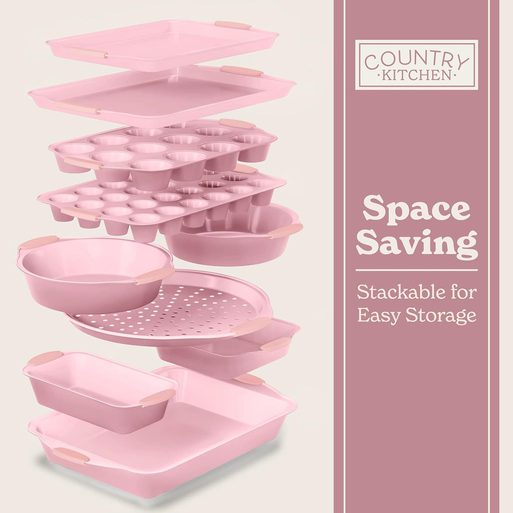 Country Kitchen Nonstick Bakeware Set - Heavy Duty & Easy Release, 10-Piece Pink Collection