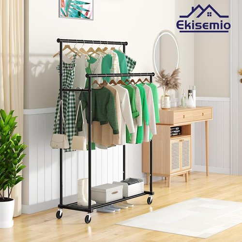 Ekisemio Heavy-Duty Double Rods Clothes Rack - 400 LBS Capacity | 45-Inch Rolling Garment Rack with Shelves, Black