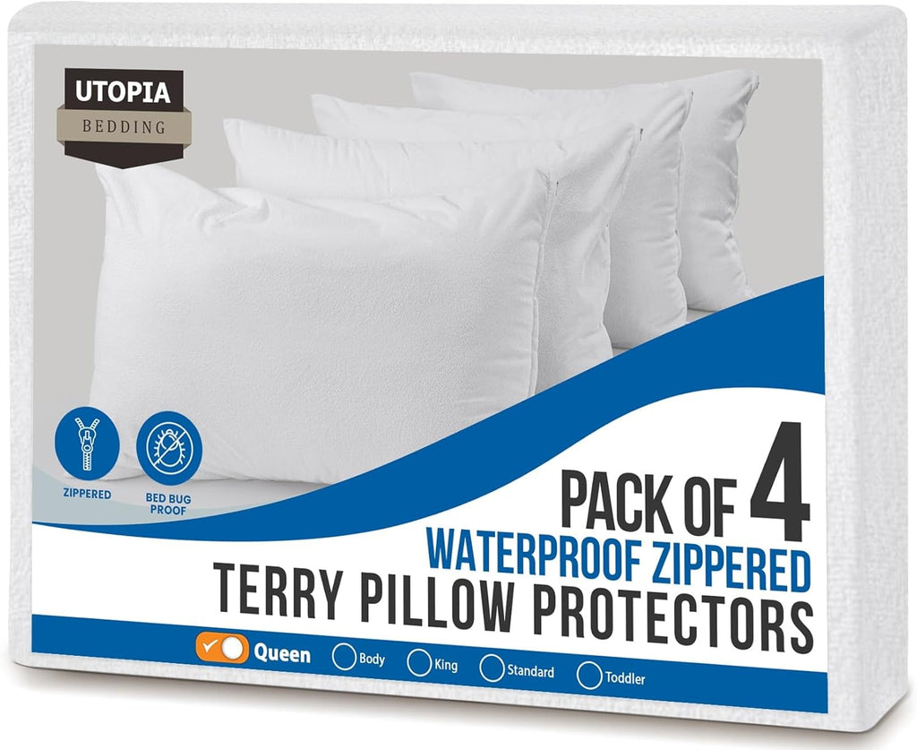 Utopia Bedding Waterproof Pillow Protectors - Set of 4 Queen Size, Zipper Closure, Bed Bug & Dust Mite Proof