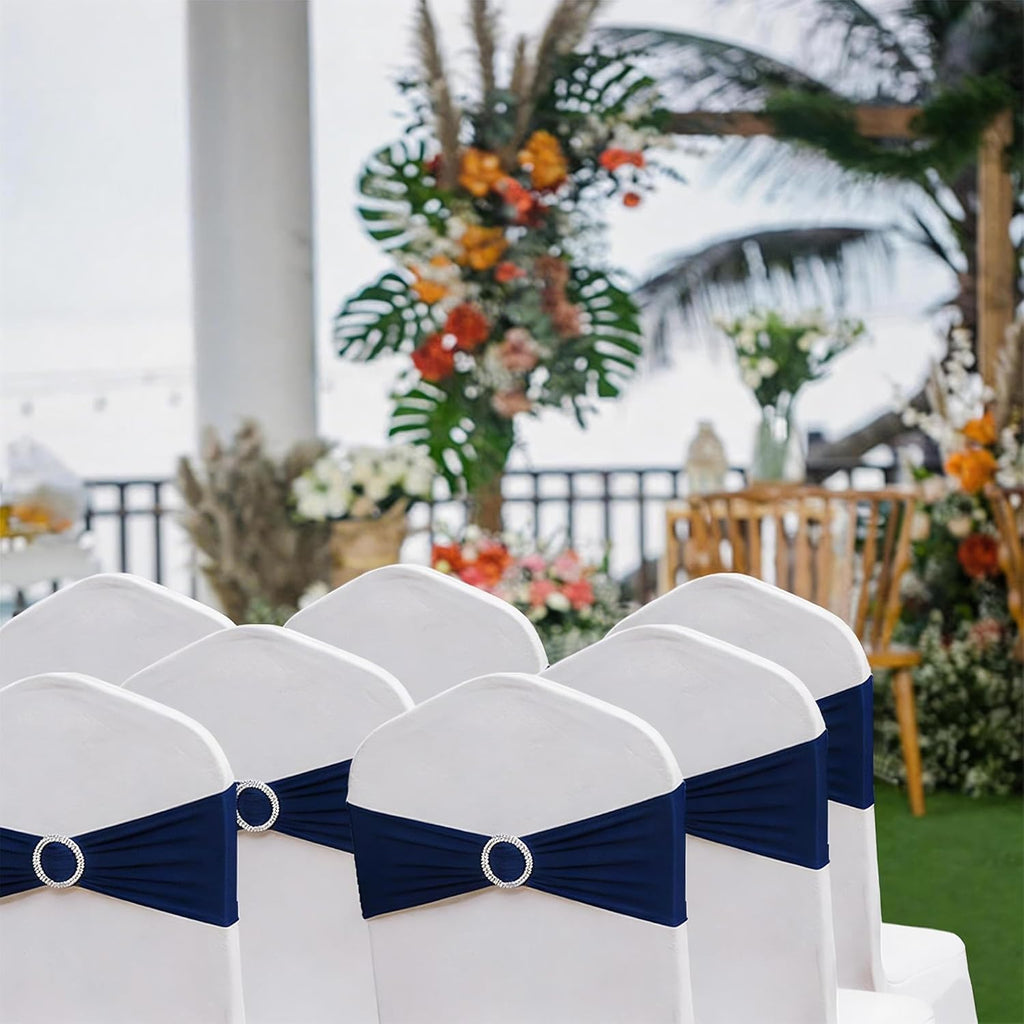 Skiennix 50 Pack Navy Blue Stretch Spandex Chair Sashes - Elastic Bands with Slider Buckles for Weddings & Events
