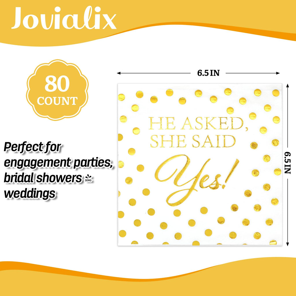 Jovialix She Said Yes Napkins, Engagement Party Napkins, Engaged Napkins – Disposable Cocktail Napkins for Bridal Shower & Bachelorette Decoration – Gold Foil Polka Dots, 6.5 x 6.5 in, 80 Pack
