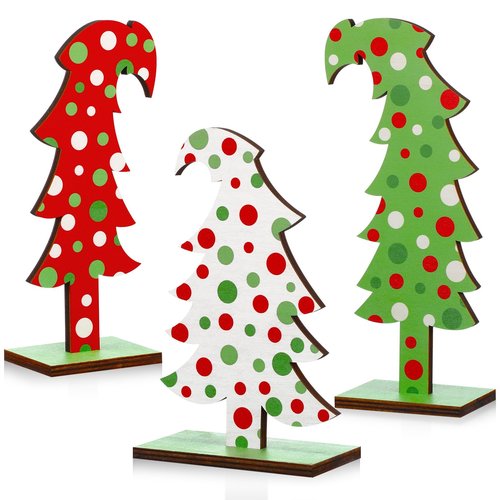 Meooeck 3 Pcs Lime Green Wood Christmas Tree Tabletop Bendable Christmas Tree Small Decor Farmhouse Standing with Rectangular Base for Home Office Tabletop Decor(Polka Dot)