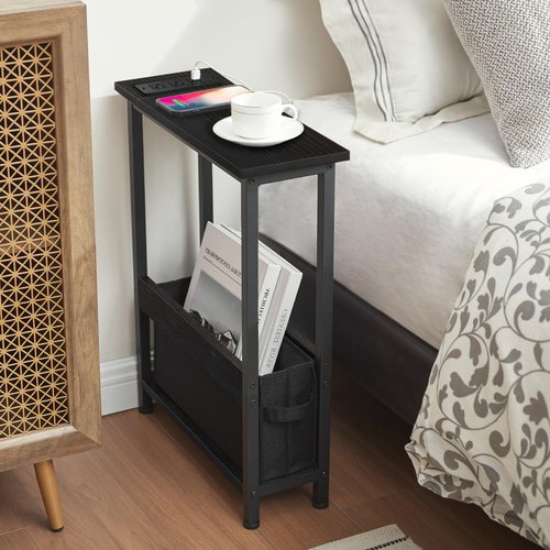 BAMGROW Slim Charging End Table with Storage - for Small Spaces and Bedroom (Black)