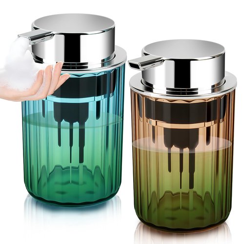 Foaming Hand Soap Dispenser 350ml (11oz) Refillable Vintage-Inspired Modern Plastic Silver Pump for Liquid Soap Shampoo Body Wash Bottle for Bathroom Kitchen (2 Pcs)(Brown+Blue)