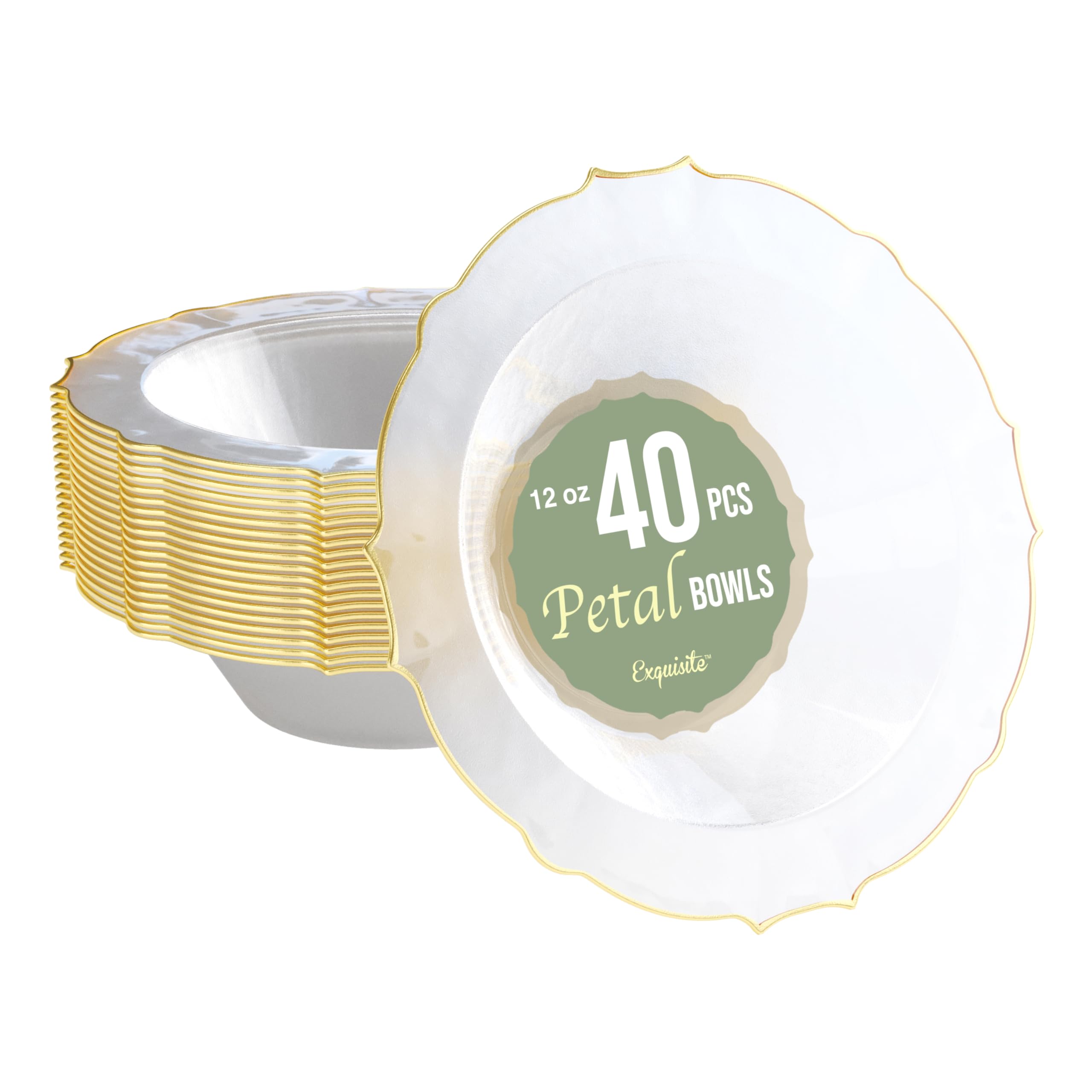 Exquisite Fancy Plastic Bowls Disposable Bowls 12 Oz Bowl Set Of 40 Disposable Soup Bowls Plastic Serving Bowls Perfect Plastic Ice Cream Bowls or Plastic Salad Bowls - Clear - Gold Rim