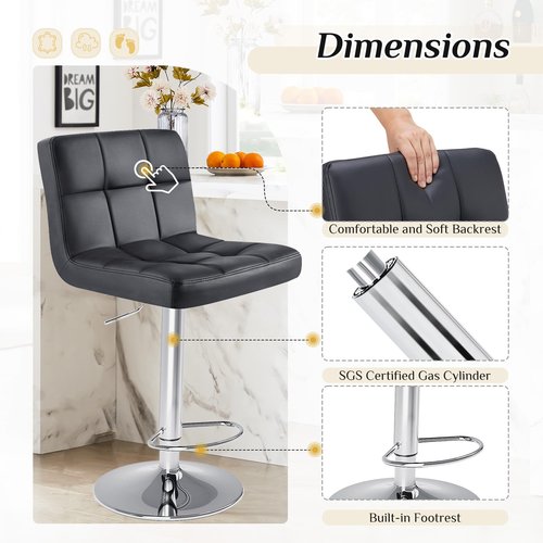 DUMOS Bar Stools Set of 2, 24 inch Counter Height Bar Stools, Upholstered Modern Kitchen Barstools with Metal Base, PU Leather Saddle Stools for Kitchen Island, Inky Black