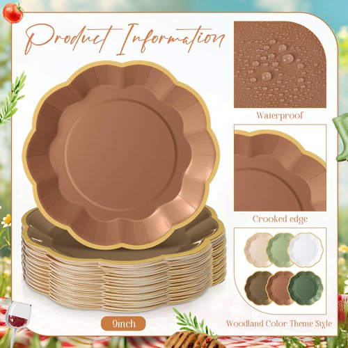 Tiangrid 72 Pcs Woodland Paper Plates 9 Inch Green and Brown Gradient Scalloped Paper Disposable Dinner Dessert Plates for Birthday Wedding Bridal Party Supplies, 6 Colors