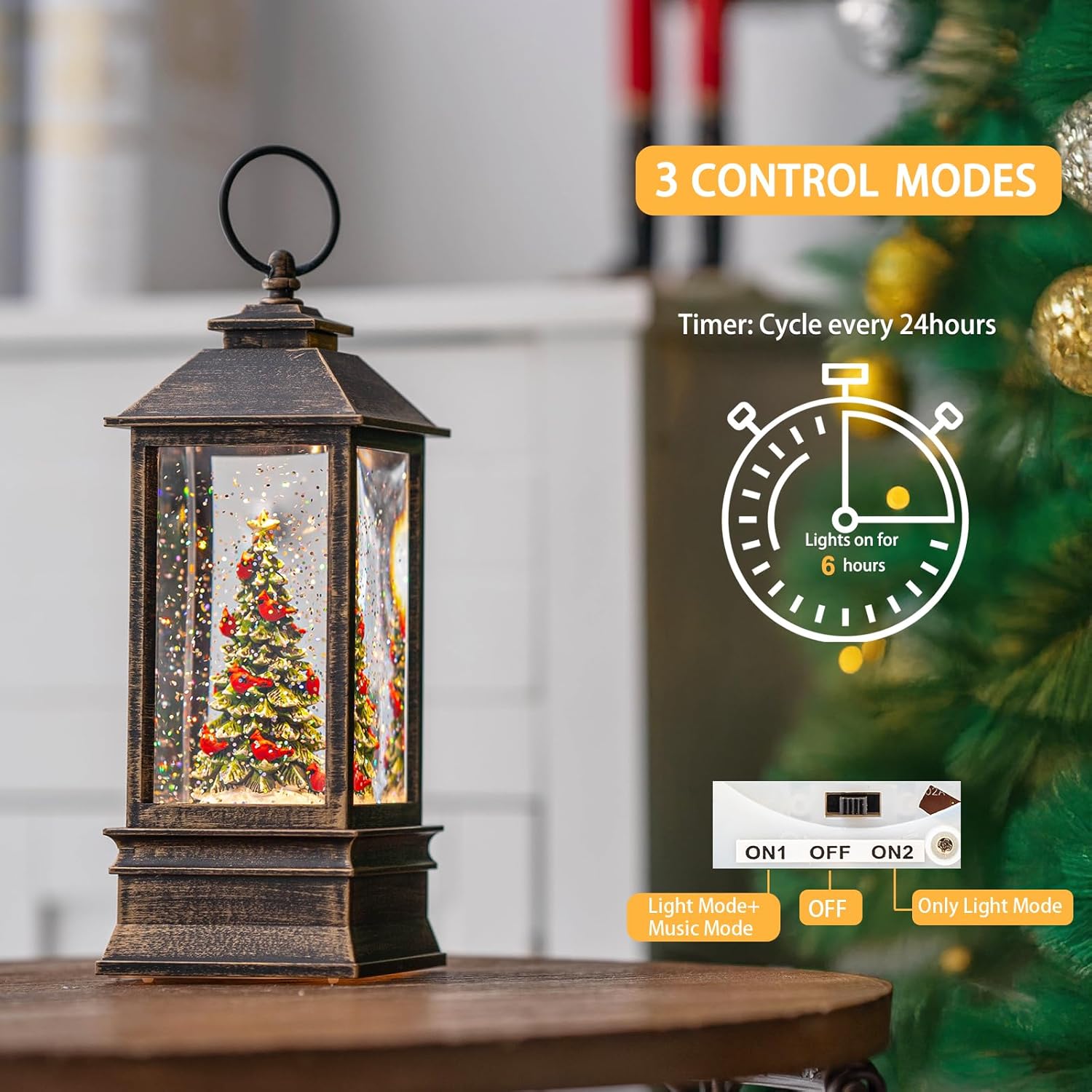 VISFLAIR 10'' Lighted Christmas Tree Snow Globe - Musical Water Lantern with Glitter | Battery or USB Powered