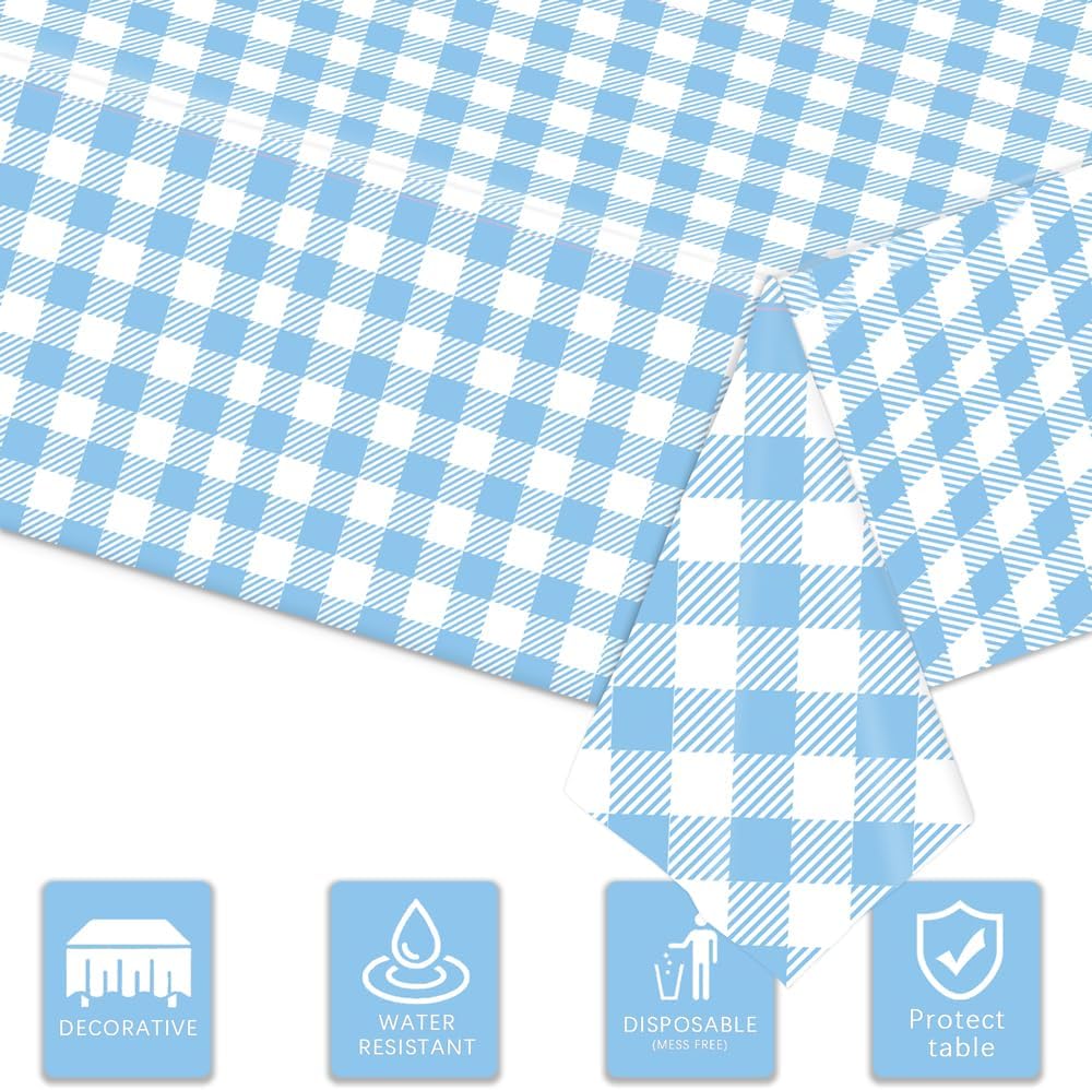 Skiennix Light Blue Checkered Tablecloth - 54" x 108" Waterproof Disposable Cover for Picnics & Parties