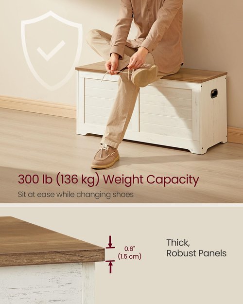 VASAGLE Storage Chest, Storage Bench with 2 Safety Hinges, Farmhouse Style, 15.7 x 39.4 x 18.1 Inches, for Entryway, Bedroom, Living Room, Honey Brown and Rustic White ULSB061WJ02S