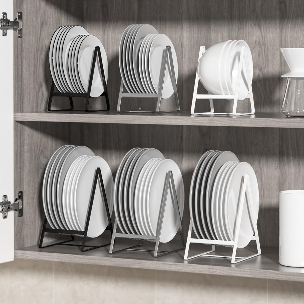 Hikinlichi 2 Large 1 Small Triangle Plate Holders Organizers Upright Cabinet Dish Drying Racks Metal Plate Dish Organizers Racks Stands for Countertop and Cupboard White