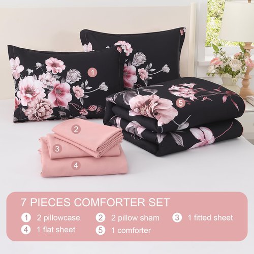 Floral Comforters Queen Size 7 Pieces Botanical Black and Pink Comforter Set Ulter Soft Microfiber Bedding Set, Lightweight Bed Comforter Set with Sheets for All Season (Black, Queen)