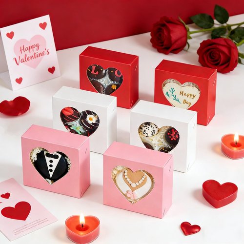 JCXGRVC 102PCS 4"x4"x2" Heart-Shaped Window Bakery Boxes in Red White, Pink, Perfect for Strawberries, Cookie, Mini Bundt Cakes, Chocolate Truffles & Small Desserts-Wedding and Party Favors