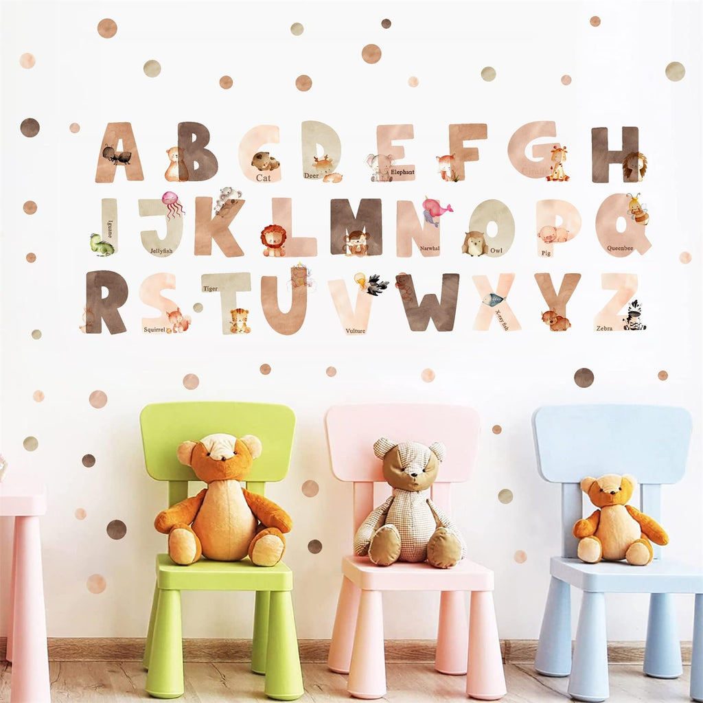 Animal Alphabet Wall Decals Alphabet Letters for Wall Peel and Stick Wall Decal for Kids Boys Girls Bedroom Educational ABC Wall Decor Learning Wall Decal Vinyl Sticker for Nursery Playroom Classroom