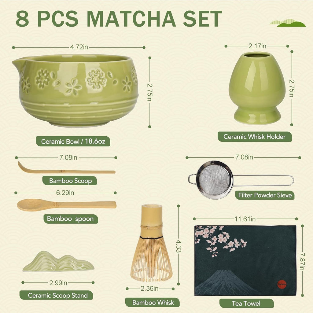 Skiennix Matcha Whisk Set - 8-Piece Ceramic Matcha Kit with Bowl, Chasen Holder & Scoop Rest | Perfect Gift for Matcha Lovers