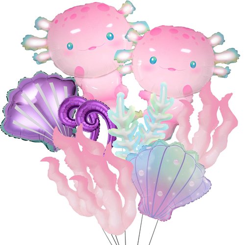 11Pcs Pink Axolotl Balloons,Seashell/Coral/Seaweed Balloon For Axolotl Birthday Party Decoration/Under the sea Party Decor/Mermaid Party Supplies Balloons/Axolotl Baby shower