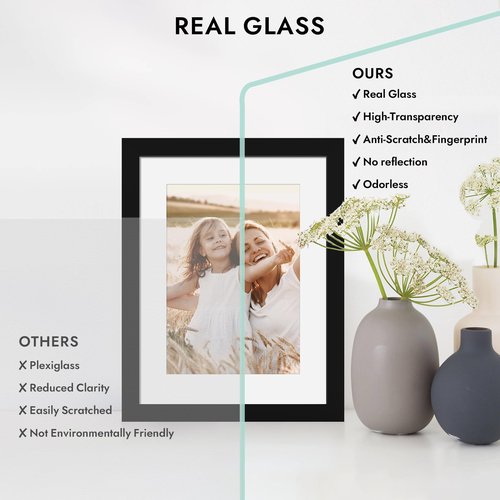 Hongkee 8x10 Picture Frame, Made of Real Glass and Wooden Frame, Horizontal and Vertical Display for Wall or Tabletop (Black, 1 Pack)