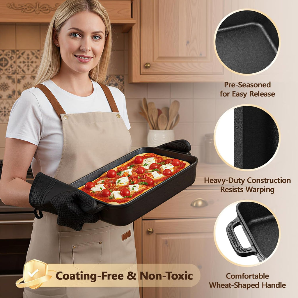 Cast Iron Detroit Pizza Pan - Pre-Seasoned 9x13 Inch Deep Baking Dish for Casserole & Lasagna