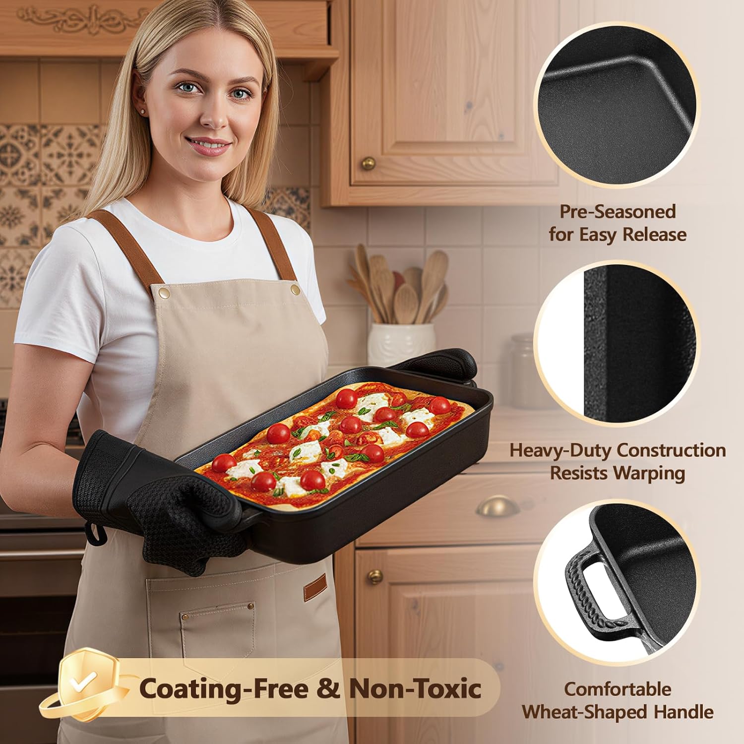 Cast Iron Detroit Pizza Pan - Pre-Seasoned 9x13 Inch Deep Baking Dish for Casserole & Lasagna