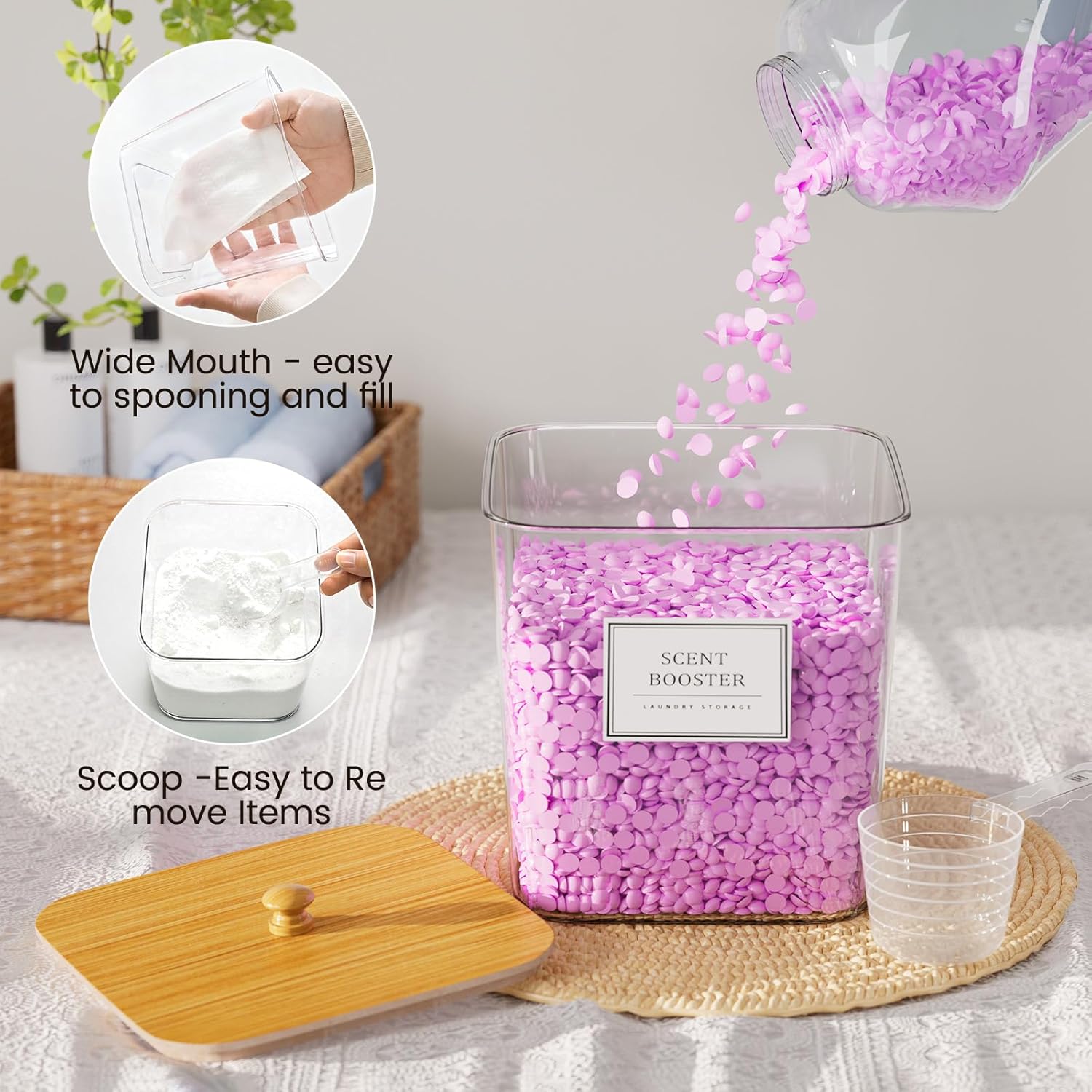 Skiennix Laundry Organization Containers - Clear Storage for Detergent & Pods | Large with Wooden Lids & Labels