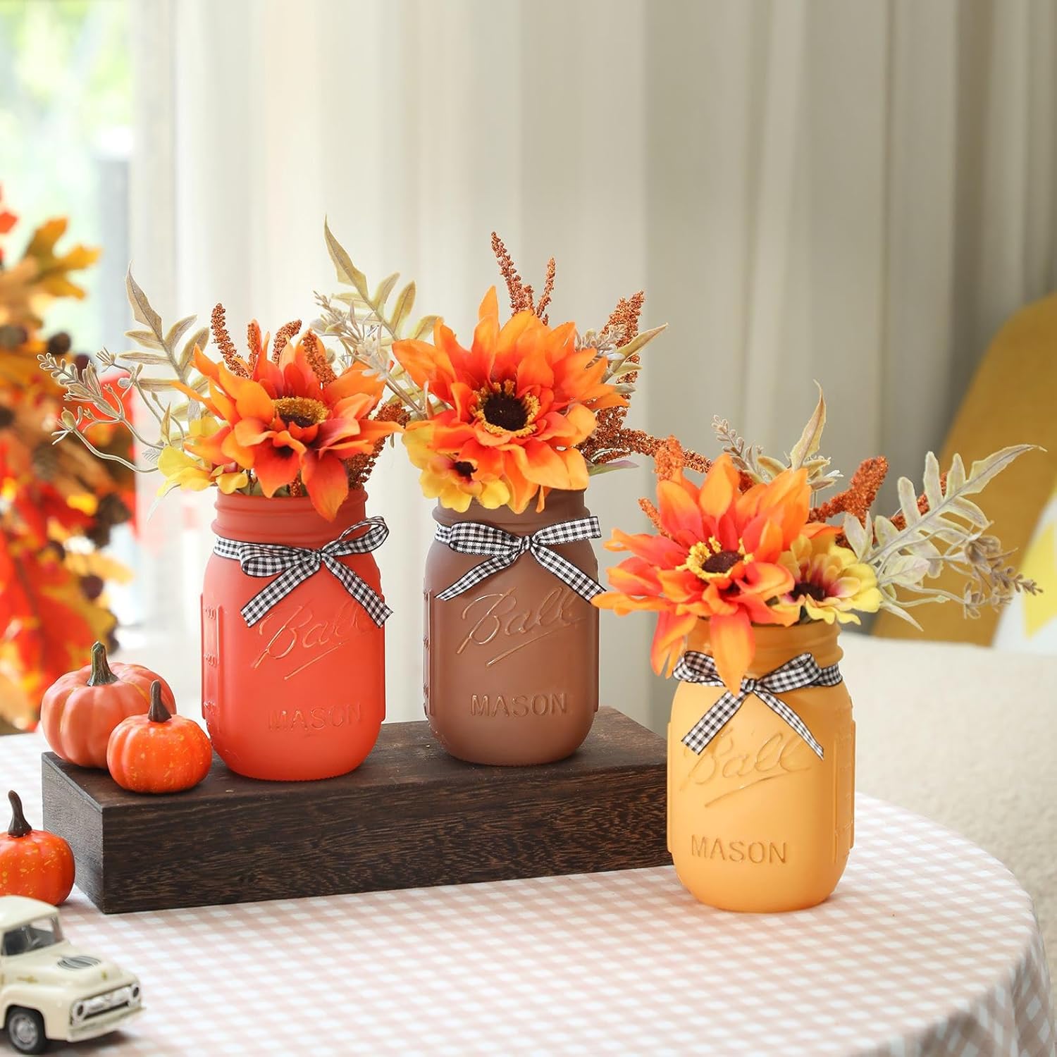 Skiennix Fall Mason Jar Centerpiece - Set of 3 Decorative Jars with Artificial Flowers for Thanksgiving Decor