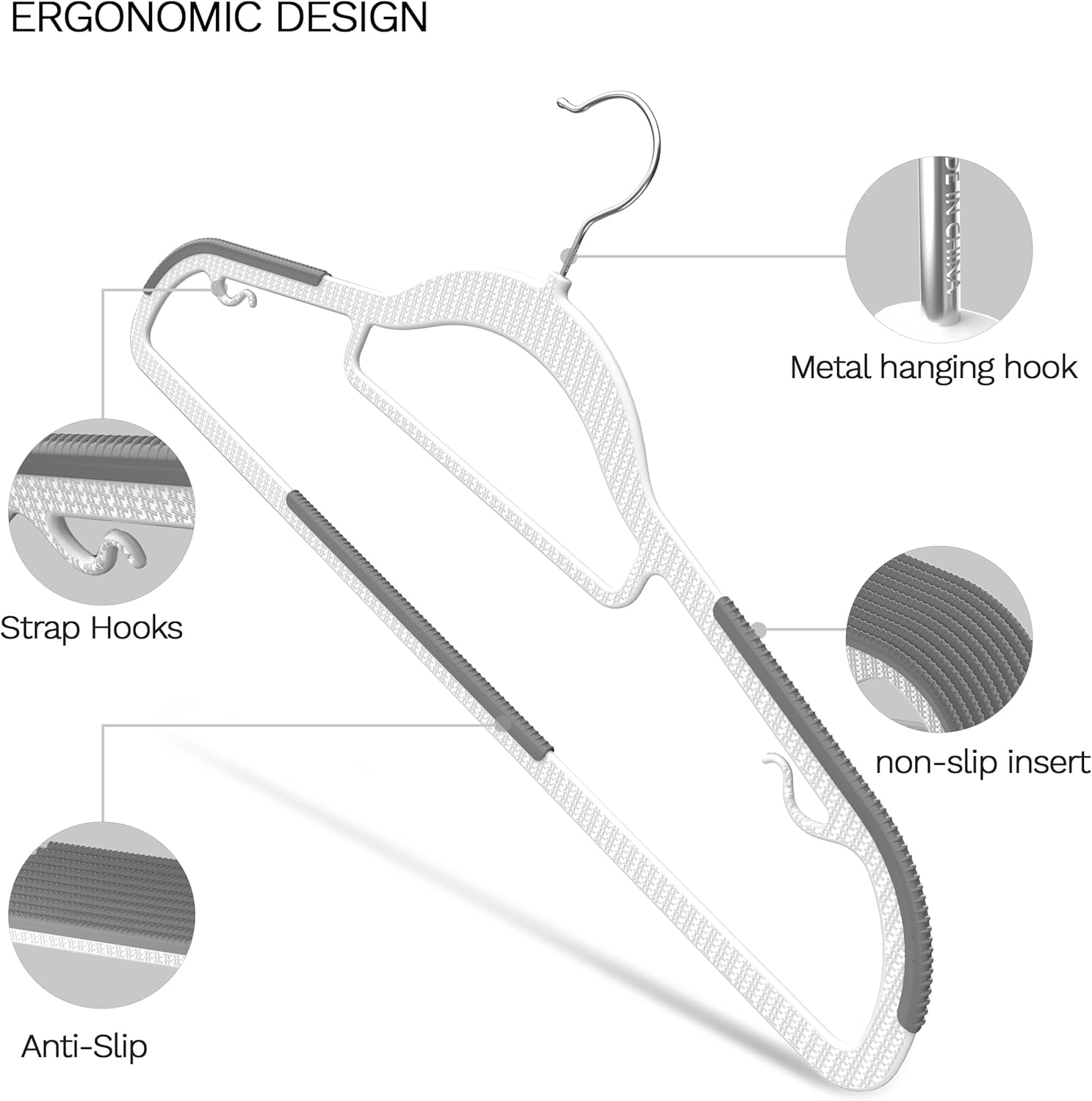 Skiennix Heavy Duty Plastic Hangers - Non-Slip Design with Rubber Pads, 360° Hook | Space-Saving Gray 60-Pack
