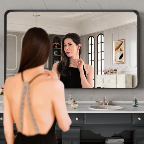LOAAO Black Metal Framed Bathroom Mirror - 48x28 Inch, Anti-Rust, Tempered Glass, Versatile Hanging Options