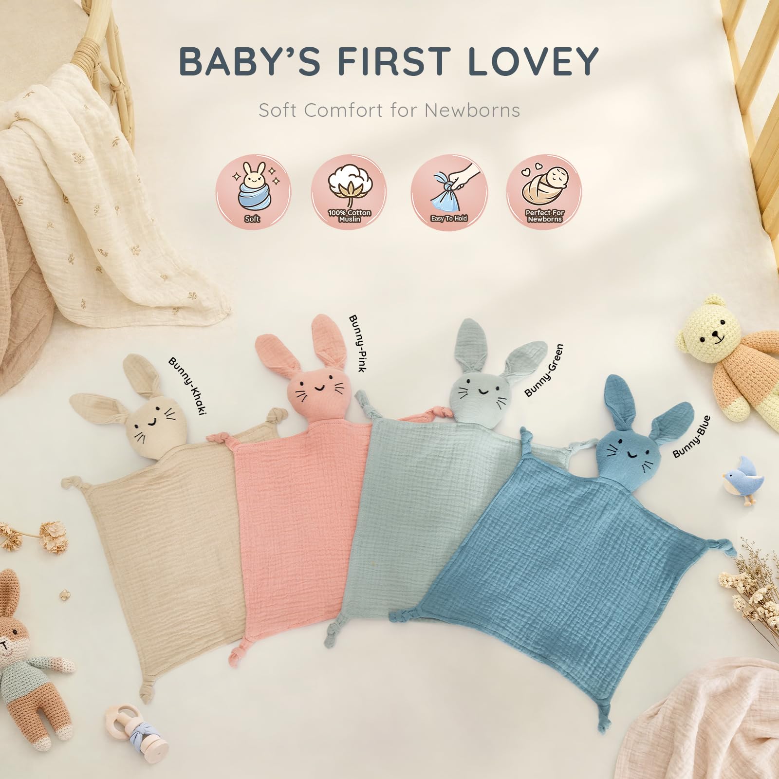 Organic Cotton Muslin Bunny Lovey Blanket, Soft & Breathable Security Blanket for Newborns, Unique Baby Gifts for Boys and Girls, 2 Pcs Set (Pink&Khaki)
