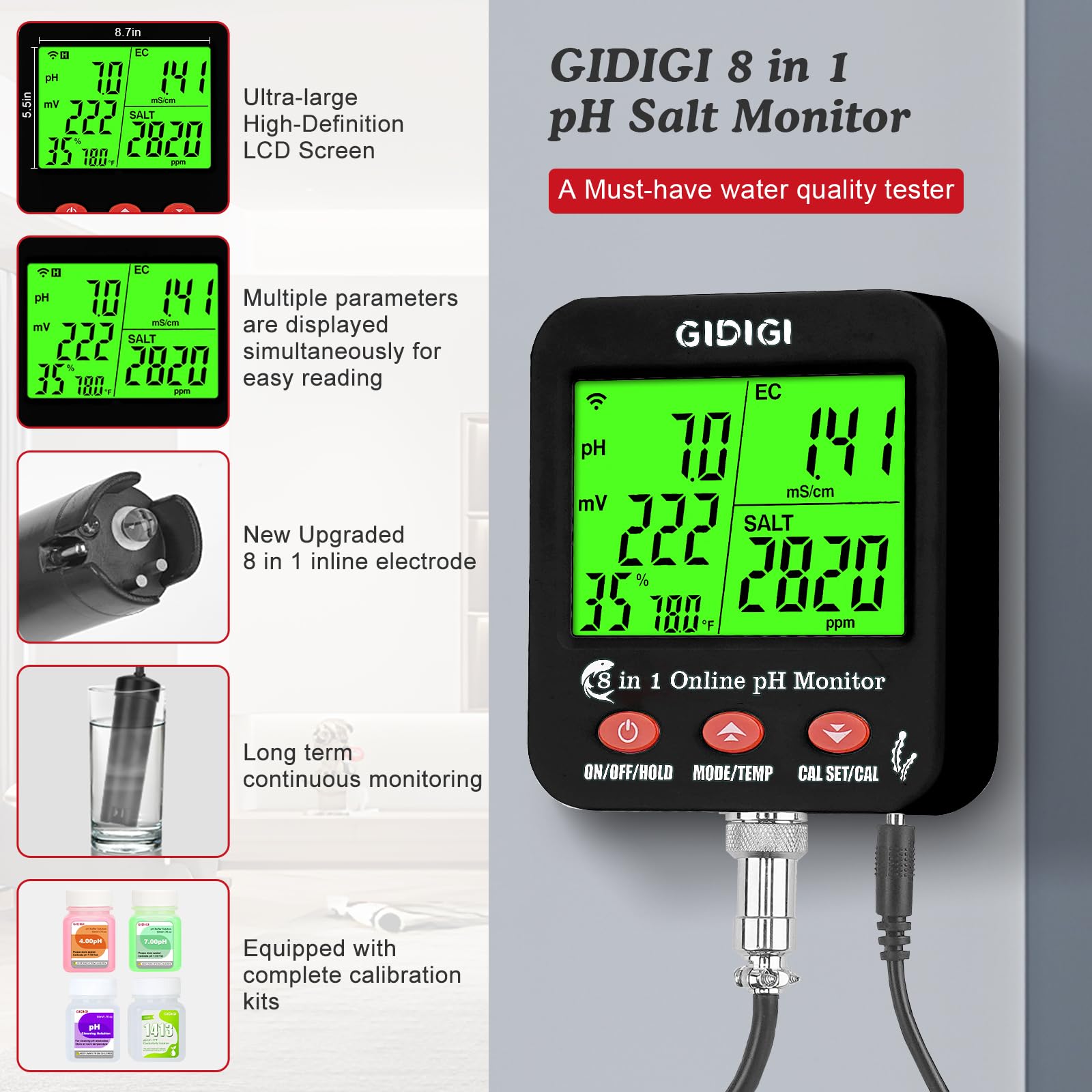 GIDIGI WiFi pH Salt Monitor Smart Water Quality Hydroponic pH EC Meter Digital pH TDS Salt EC Salt ORP Tester with Calibration Solution Kits for Fish Tank Salinity Tester for Saltwater Aquarium
