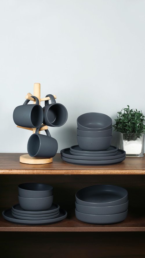Famiware Dawn Plates and Bowls Sets, 12 Pieces Stoneware Dinnerware Sets, Dishes Set for 4, Microwave and Dishwasher Safe, Speckled Charcoal