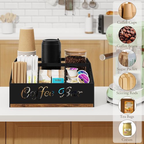 BCOZLUX Coffee Station Organizer, Rustic Brown Wooden Countertop Coffee Bar Accessories Organizer with Metal Mesh Compartments for Pods, Syrup, Cups, Stirrer, Tea