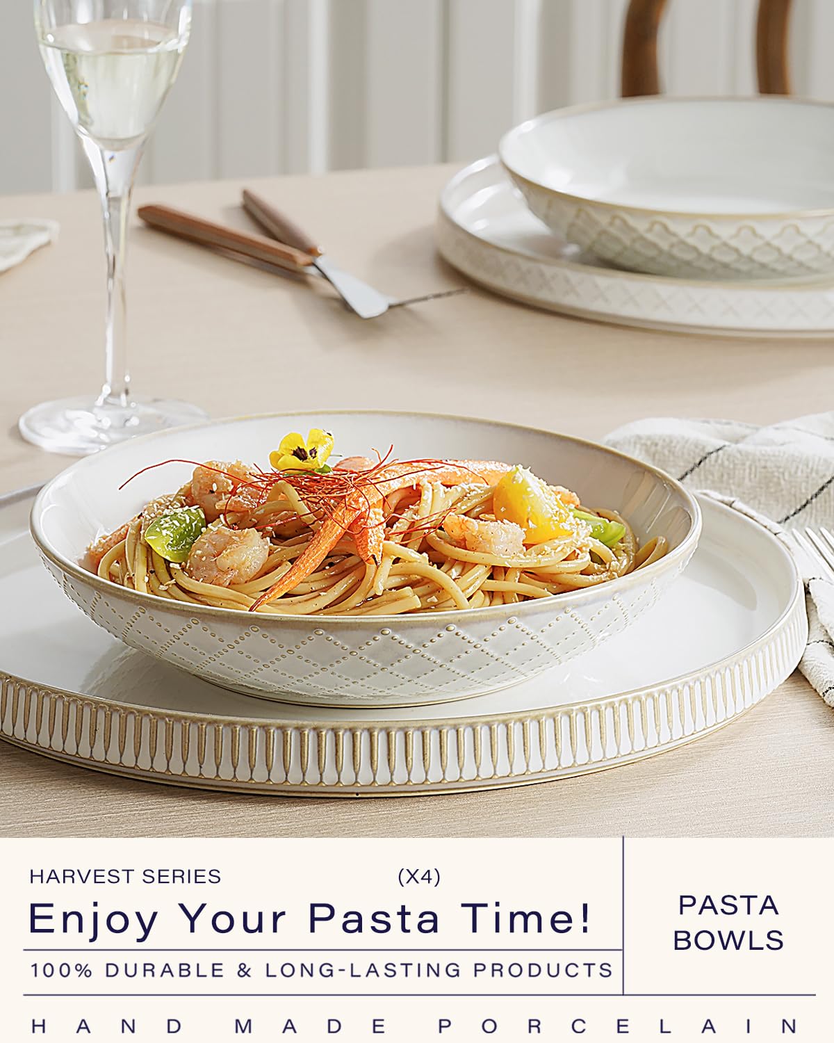getstar Pasta Bowls, Large Salad Serving Bowls (7.6 inch & 22 oz), Ceramic Bowl Plates Set of 4, Farmhouse Embossments, Microwave and Dishwasher Safe