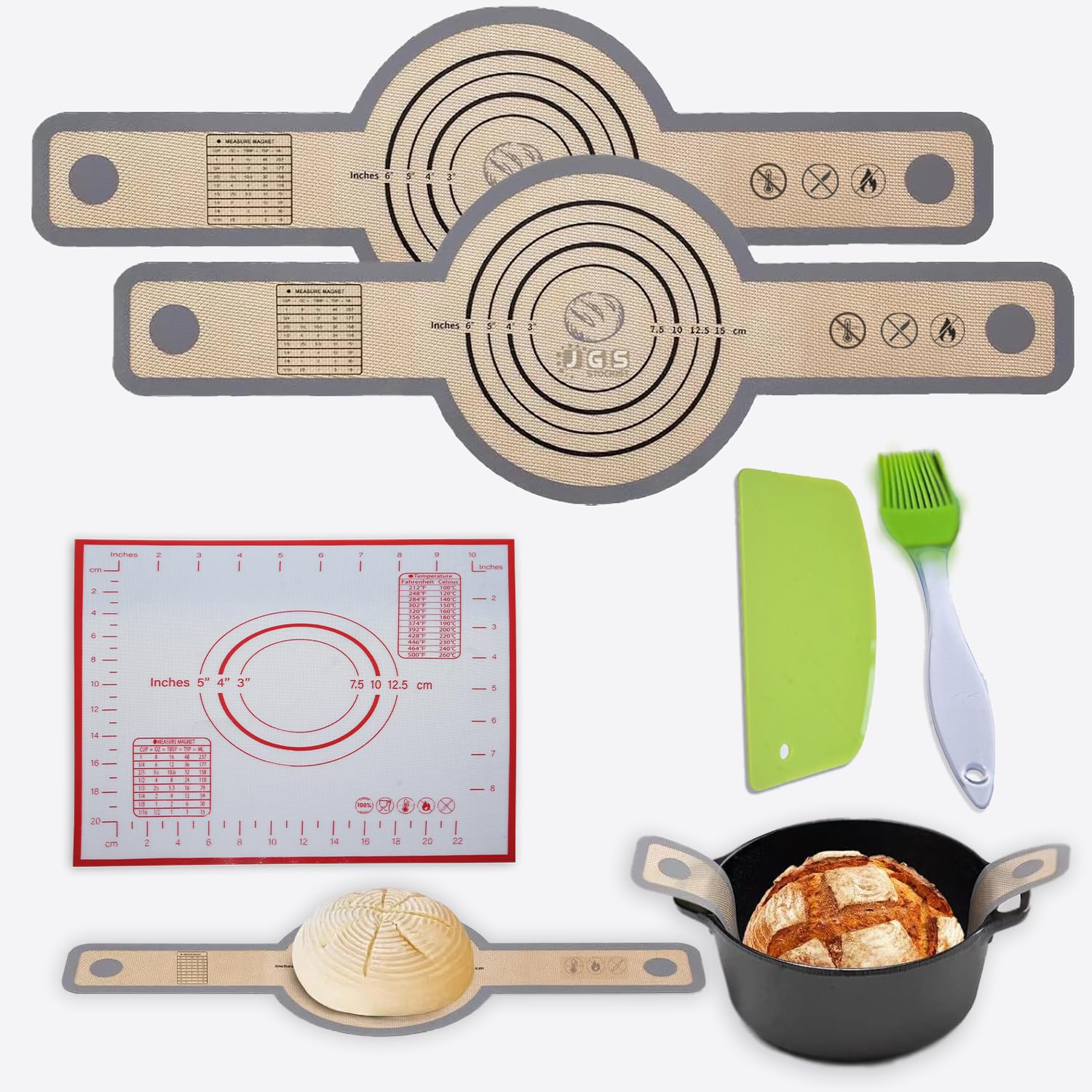 Silicone Bread Sling For Dutch Oven,Reusable Baking Mat,Sourdough Bread Baking Supplies,Non Stick & Easy to Clean Sheet Liner,Silicon Long Handle With Scraper For Sourdough,Oiling Brush,Pack of 5