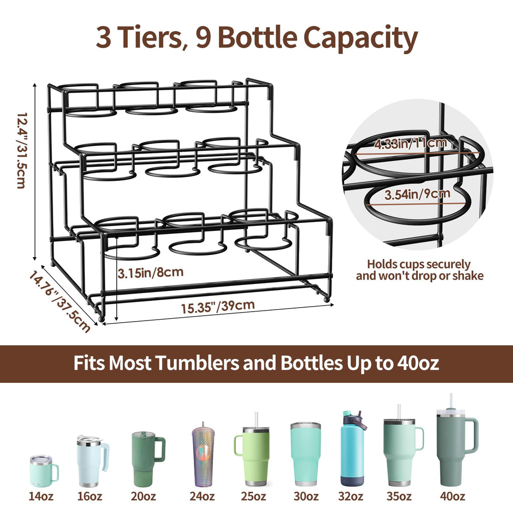 Nuovoware Water Bottle Organizer for Stanley 40 Oz Tumbler with Handle, 3-Tier Stanley Cup Organizer for Cabinet, 9 Bottles Free-Standing Kitchen Tumbler Storage Holder, Easy to Install, Black