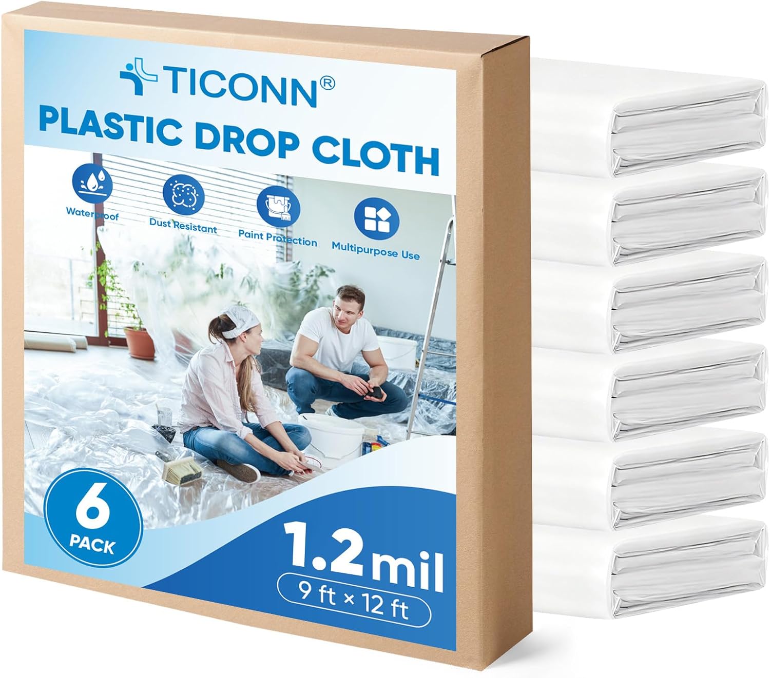 TICONN Plastic Drop Cloth - 12 x 9 Ft Waterproof Sheeting for Painting & Furniture Protection | 6PK, 1.2Mil